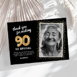 Modern 90th Adult Birthday Photo Thank You Card<br><div class="desc">Elegant ninetieth birthday party thank you cards featuring a stylish black background that can be changed to any colour,  a photo of the birthday girl / boy,  gold sparkly glitter,  ninety gold hellium balloons,  and a modern thank you template that is easy to personalize.</div>