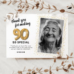 Modern 90th Adult Birthday Photo Thank You Card<br><div class="desc">Elegant ninetieth birthday party thank you cards featuring a simple white background that can be changed to any colour,  a photo of the birthday girl / boy,  gold sparkly glitter,  ninety gold hellium balloons,  and a modern thank you template that is easy to personalize.</div>