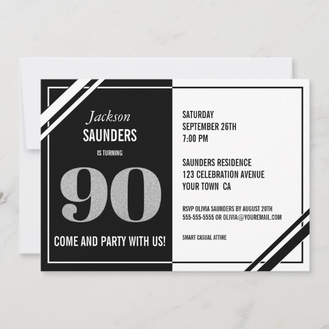 Modern 90th Birthday Black and White Party Invitation (Front)
