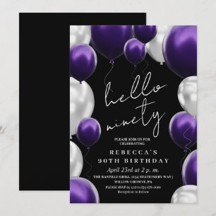 Modern 90th Birthday Black Silver Purple Balloons  Invitation