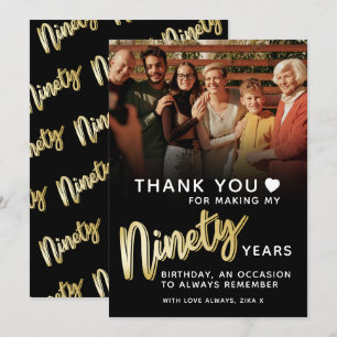 Modern 90th birthday gold black ninety script thank you card