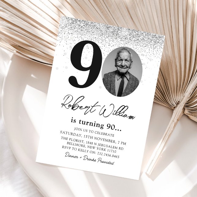 Modern 90th Birthday Party Photo Invitation (Creator Uploaded)