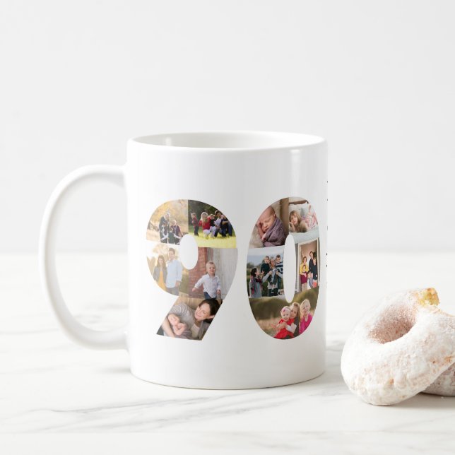 Modern 90th Number Photo Collage Custom Greeting Coffee Mug (With Donut)