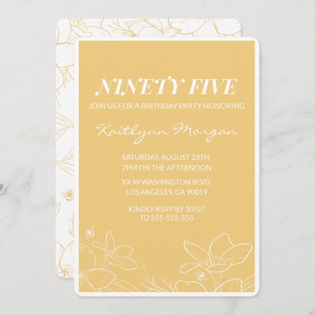 Modern 95th birthday invitations Floral Yellow (Front/Back)