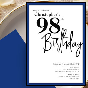 Modern 98th Birthday Invitation Elegant Black Blue