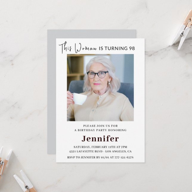 Modern 98th birthday invitations for her Photo (Front/Back In Situ)
