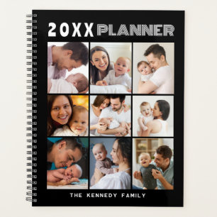 Modern 9 Photo Collage Family Name Black  Planner