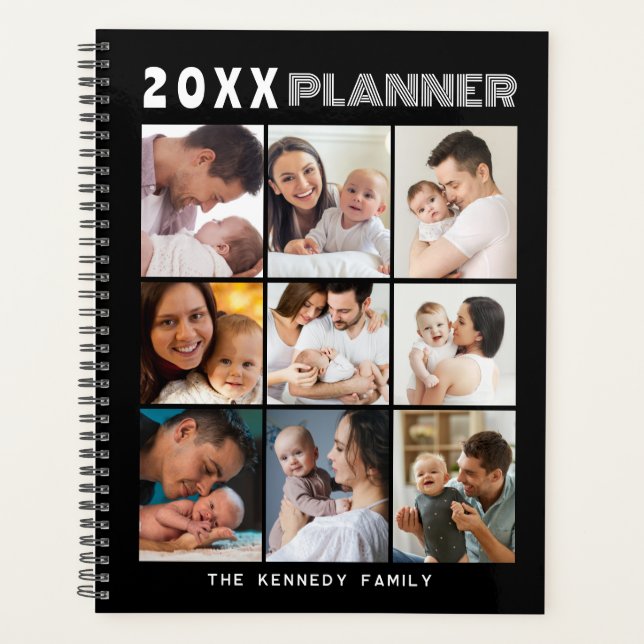 Modern 9 Photo Collage Family Name Black  Planner (Front)