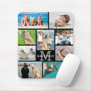 Modern 9 Photo Collage Monogram Name Custom Colour Mouse Pad