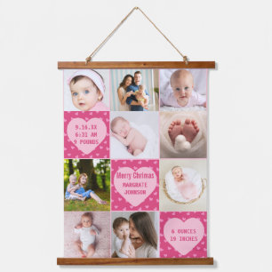 Modern 9 photo pink Baby Girl Birth Announcement Hanging Tapestry