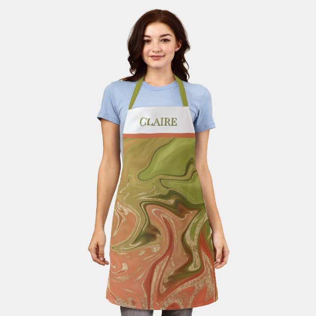 Modern Abstract Alcohol Ink Purple & Gold Monogram Apron (Worn)