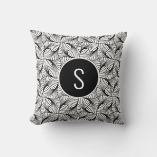 Modern Abstract Art Black & White Swirls Monogram Throw Pillow