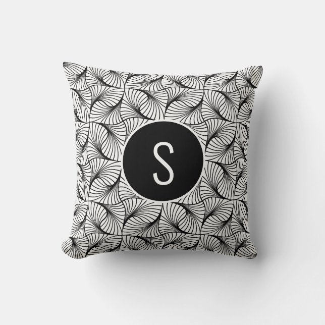 Modern Abstract Art Black & White Swirls Monogram Throw Pillow (Front)