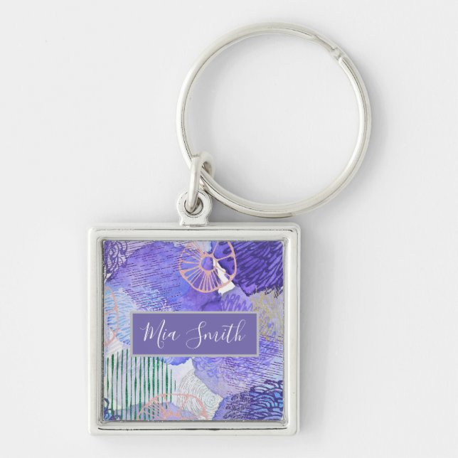 Modern abstract art blue and purple keychain (Front)