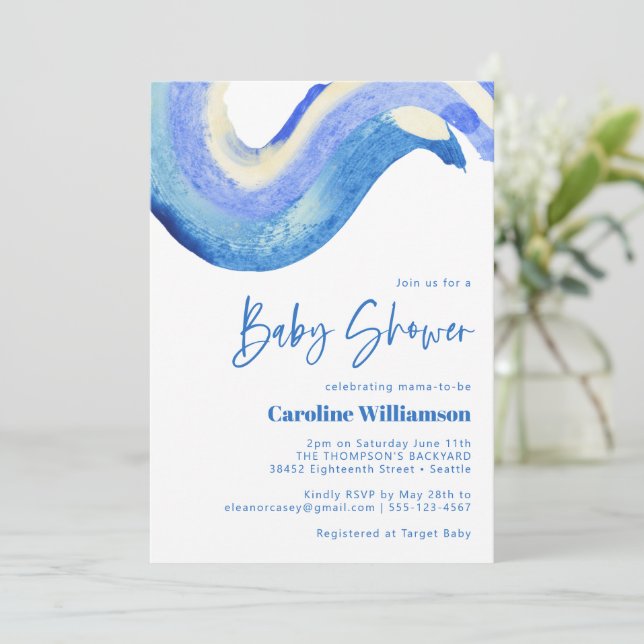 Modern Abstract Art Blue Watercolor Baby Shower Invitation (Standing Front)
