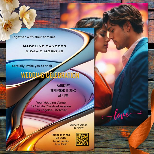 Modern Abstract Art Colourful Photo Wedding Invitation (Elegant modern photo wedding invitation featuring a colorful abstract art design - with QR code)