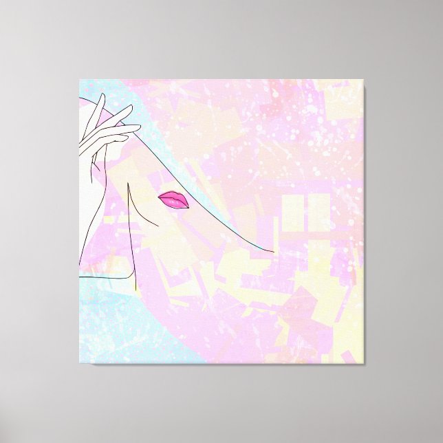 Modern Abstract Art Female Face Hand Line Art Pink Canvas Print (Front)