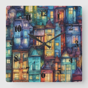 Modern Abstract Art Houses Watercolor Colorful Square Wall Clock