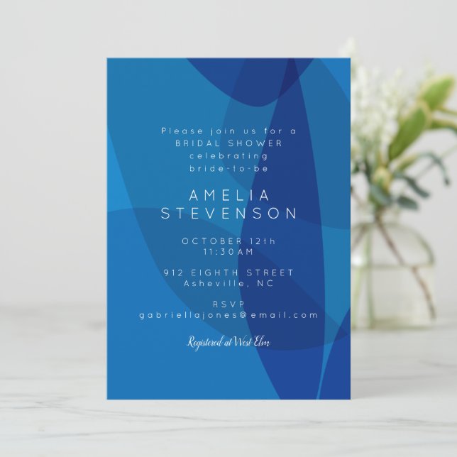 Modern Abstract Art in Blue Unique Bridal Shower Invitation (Standing Front)