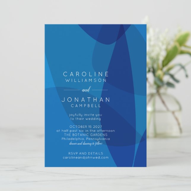 Modern Abstract Art in Blue Unique Trendy Wedding  Invitation (Standing Front)