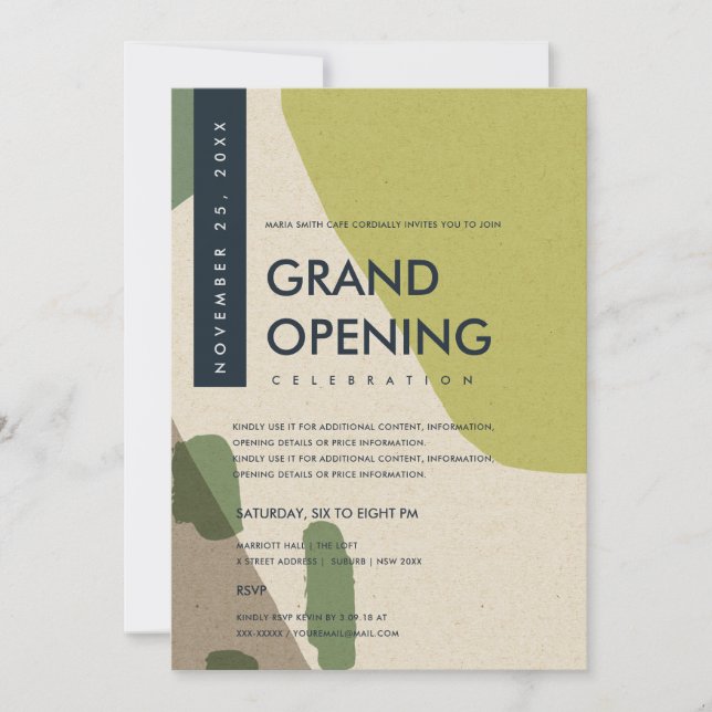 MODERN ABSTRACT ART LIME GREEN GRAND OPENING EVENT INVITATION (Front)