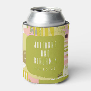 Modern Abstract Art Lime Green Pink Wedding Custom Can Cooler