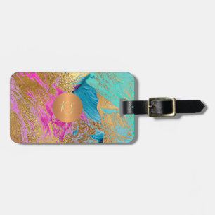 Modern abstract art painting copper gold monogram luggage tag