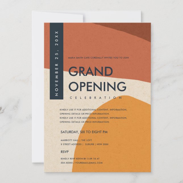 MODERN ABSTRACT ART RUST ORANGE GRAND OPENING INVITATION (Front)