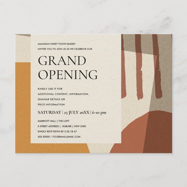 MODERN ABSTRACT ART RUST YELLOW GRAND OPENING ANNOUNCEMENT POSTCARD (Front)
