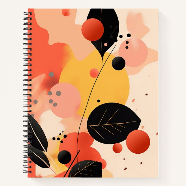 Modern Abstract Autumn Leaf Pattern in Black and R Notebook (Front)