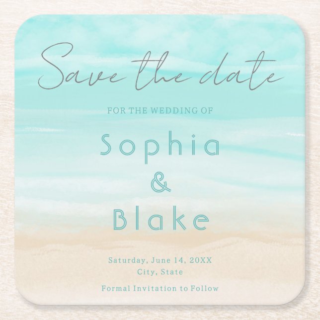 Modern Abstract Beach Wedding Save the Date Square Paper Coaster (Front)