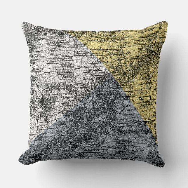 Modern Abstract Birch Bark Pattern Yellow Grey Throw Pillow (Front)