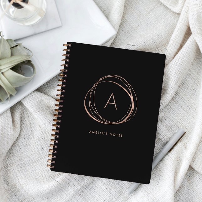 Modern Abstract Black and Faux Rose Gold Monogram Notebook (Creator Uploaded)