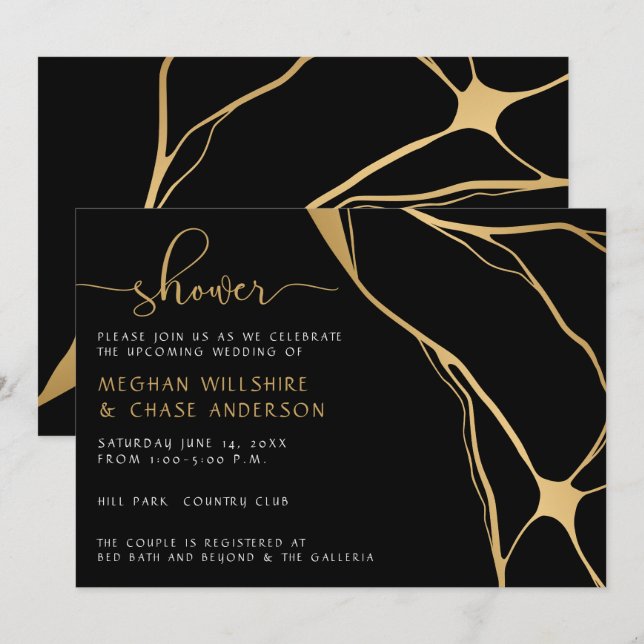 Modern Abstract Black and Gold Japanese Kintsugi  Invitation (Front/Back)