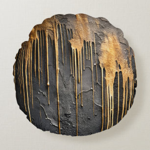 Modern Abstract Black and Metallic Gold Drips Round Pillow