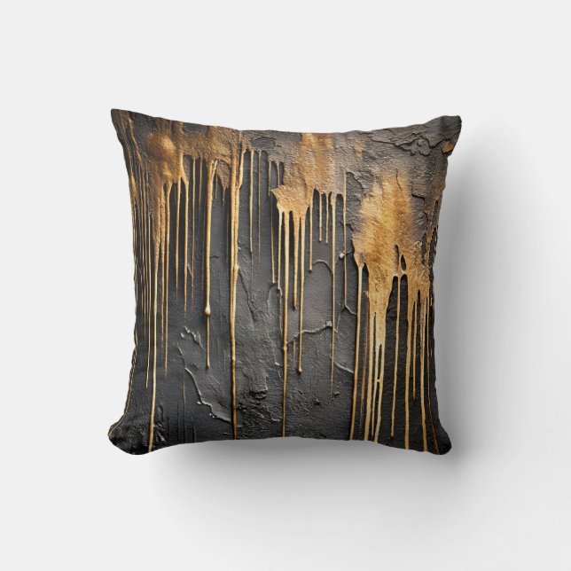 Modern Abstract Black and Metallic Gold Drips Throw Pillow (Front)