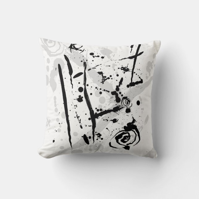 Modern Abstract Black and White Paint Splatter Throw Pillow (Front)