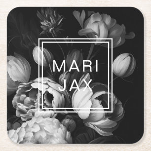Modern Abstract Black and white painterly flowers Square Paper Coaster
