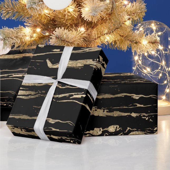 Modern Abstract Black Gold Marble  Wrapping Paper (Holidays)