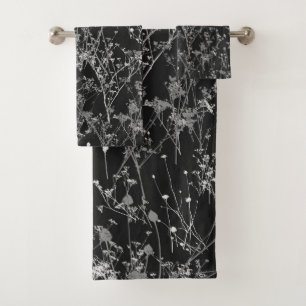 Modern Abstract Black Grey Wildflowers  Bath Towel Set
