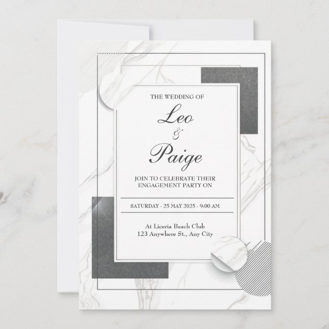 Modern Abstract Black Marble Geometric Wedding Invitation (Front)