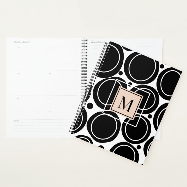 Modern Abstract Black White Blush Pink Monogram  Planner (Display)