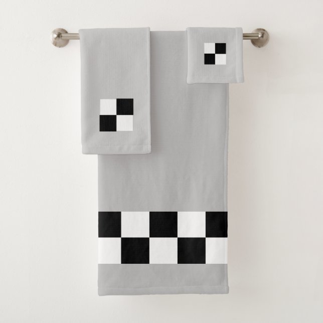 Modern Abstract Black & White Chequered on Grey Bath Towel Set (Insitu)