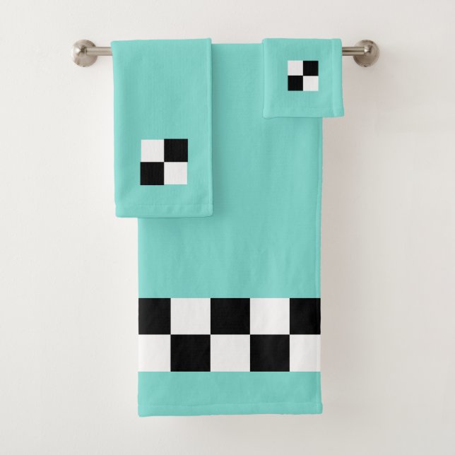 Modern Abstract Black & White Chequered on Teal Bath Towel Set (Insitu)