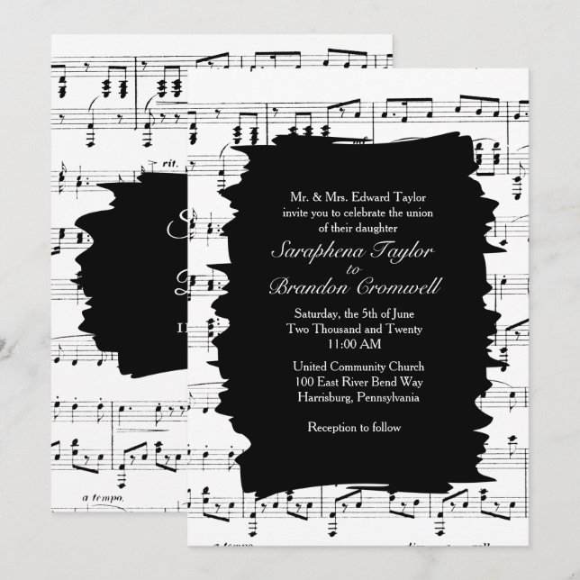 Modern Abstract Black White Music Wedding Invite (Front/Back)