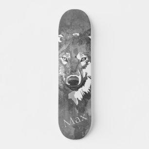 Modern abstract black white watercolor wolf skateboard