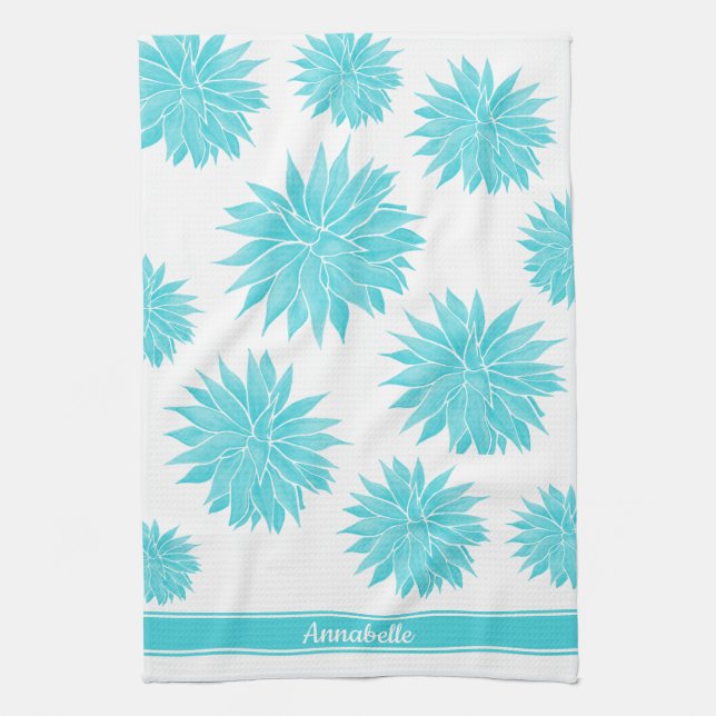 Modern Abstract Blue Agave Pattern | Personalized  Kitchen Towel (Vertical)