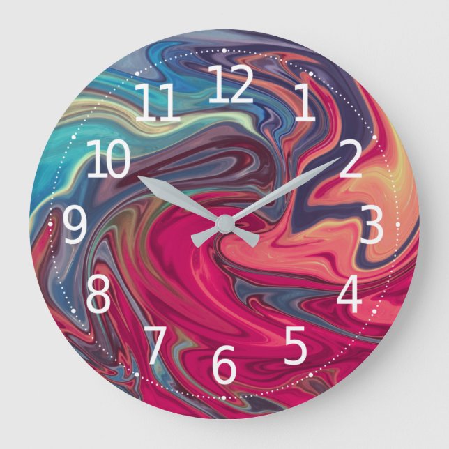 Modern Abstract Blue and Red Liquid Marble Artwork Large Clock (Front)
