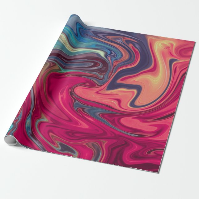 Modern Abstract Blue and Red Liquid Marble Artwork Wrapping Paper (Unrolled)