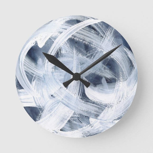 Modern Abstract Blue And White Painterly Round Clock (Front)